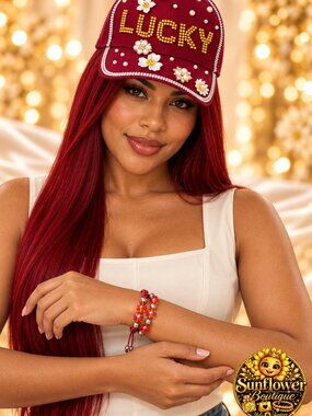Custom LUCKY Rhinestone Cap & Matching Pearl Stretch Bracelet Set - LIKE NEW